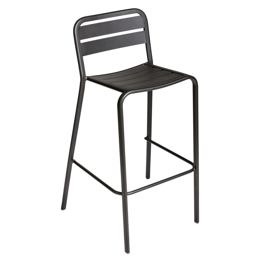 Black metal outdoor bar chair with open backrest and integrated footrest