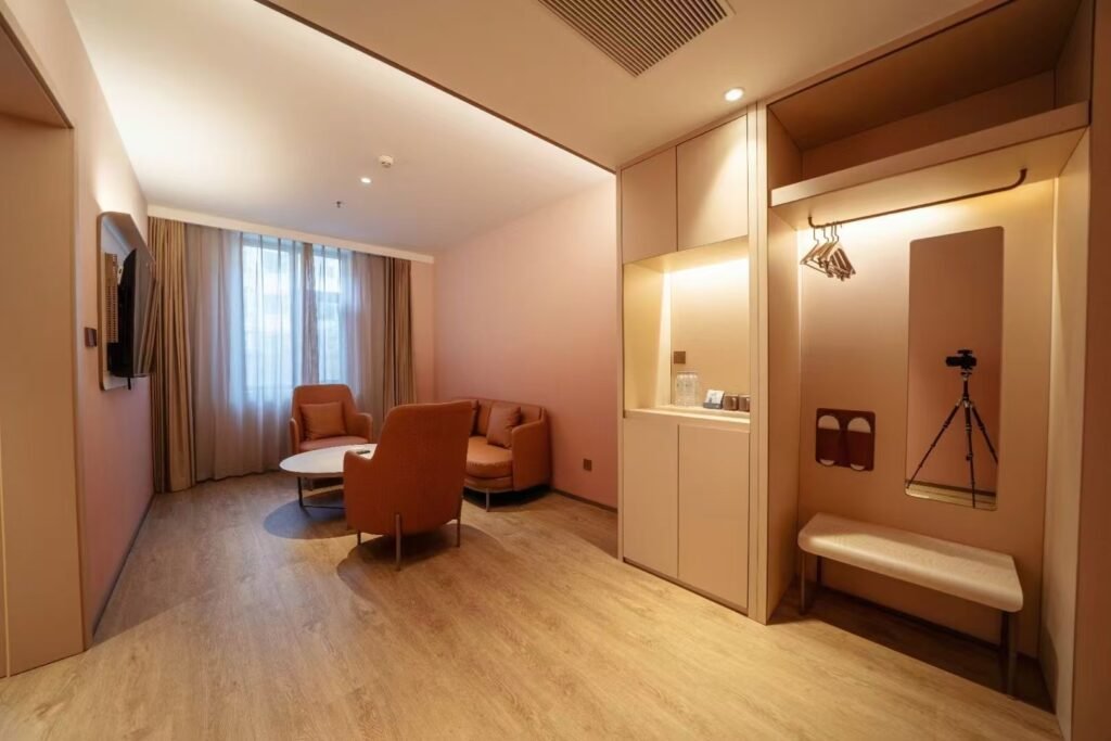 Buyer comparing hotel furniture suppliers using drawings material samples and furniture specifications