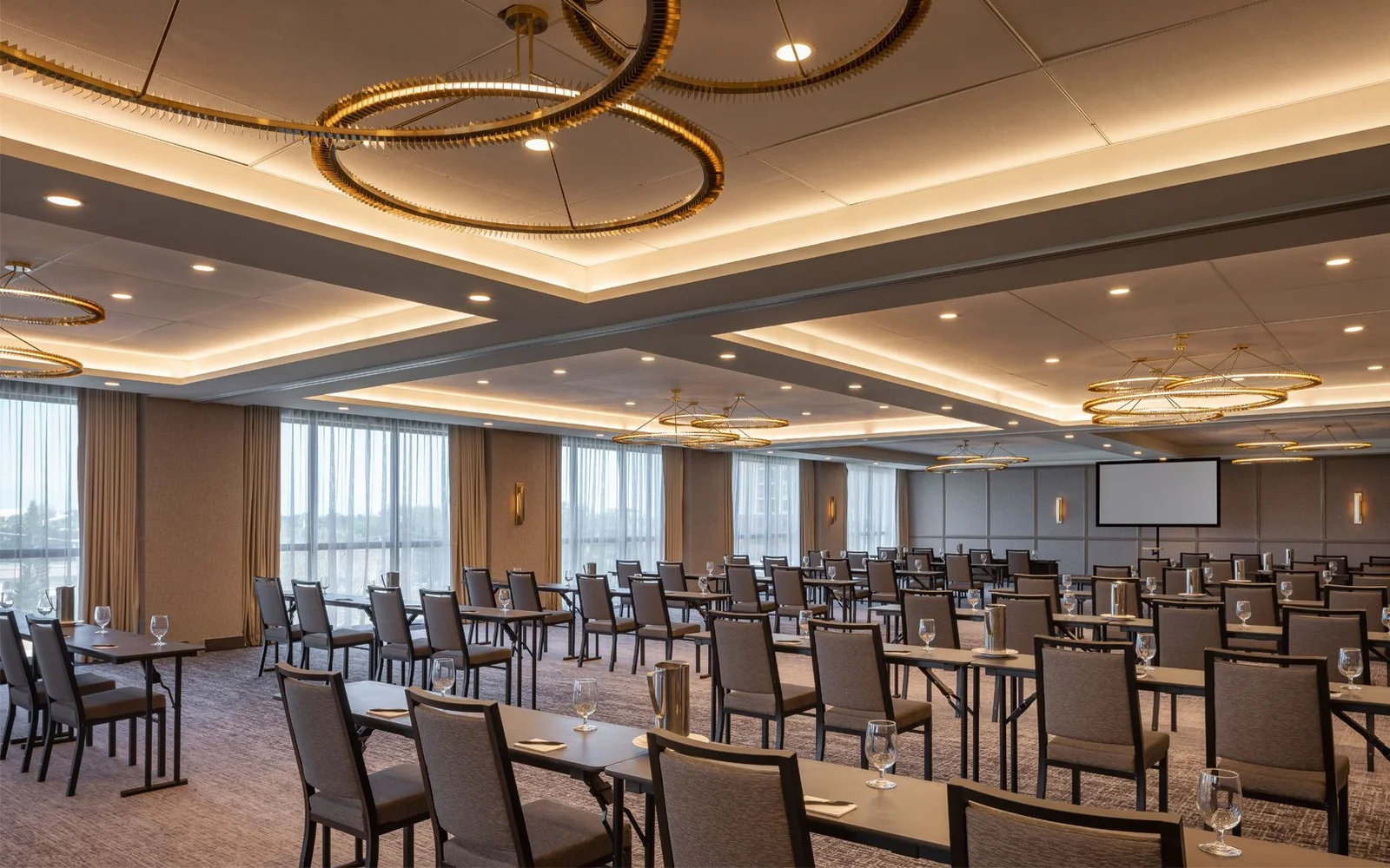 Hotel banquet furniture with chairs and tables for event and meeting spaces