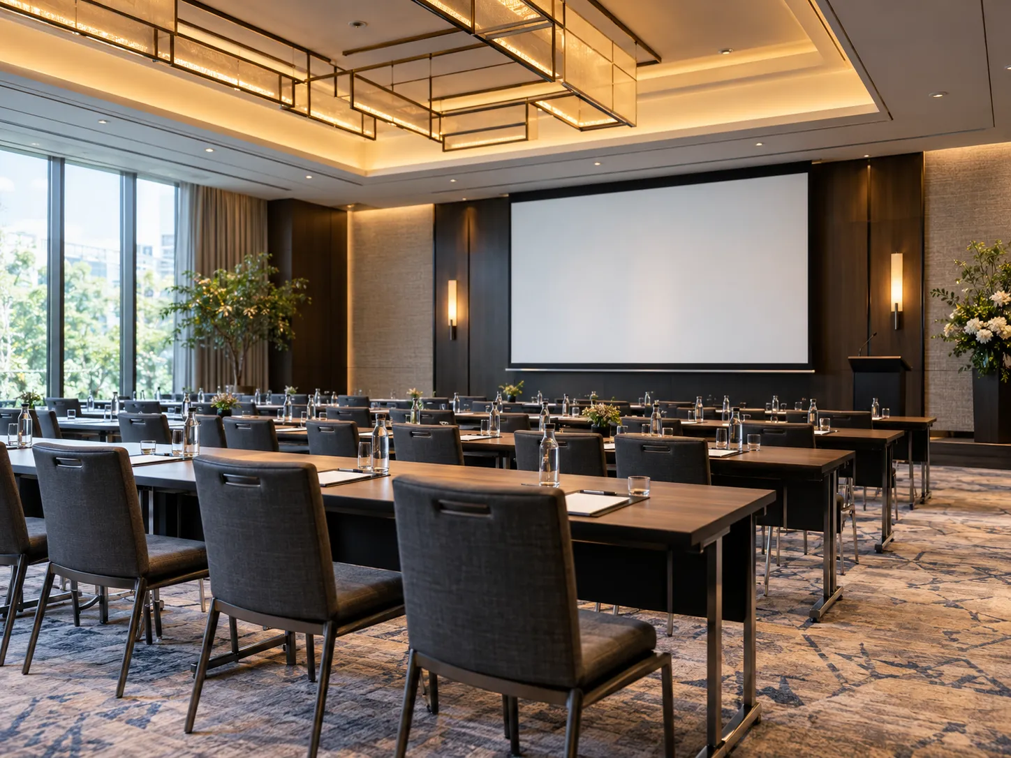 Modern conference room with rows of meeting tables, upholstered chairs and a presentation screen
