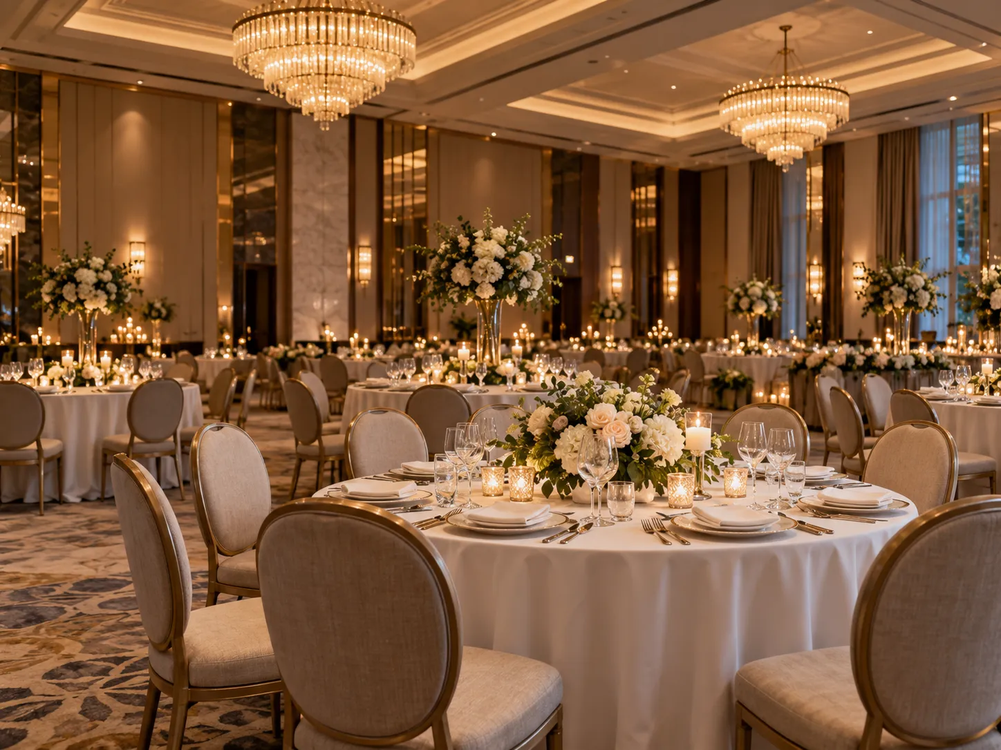 Elegant hotel banquet hall with round tables, upholstered banquet chairs and crystal chandeliers