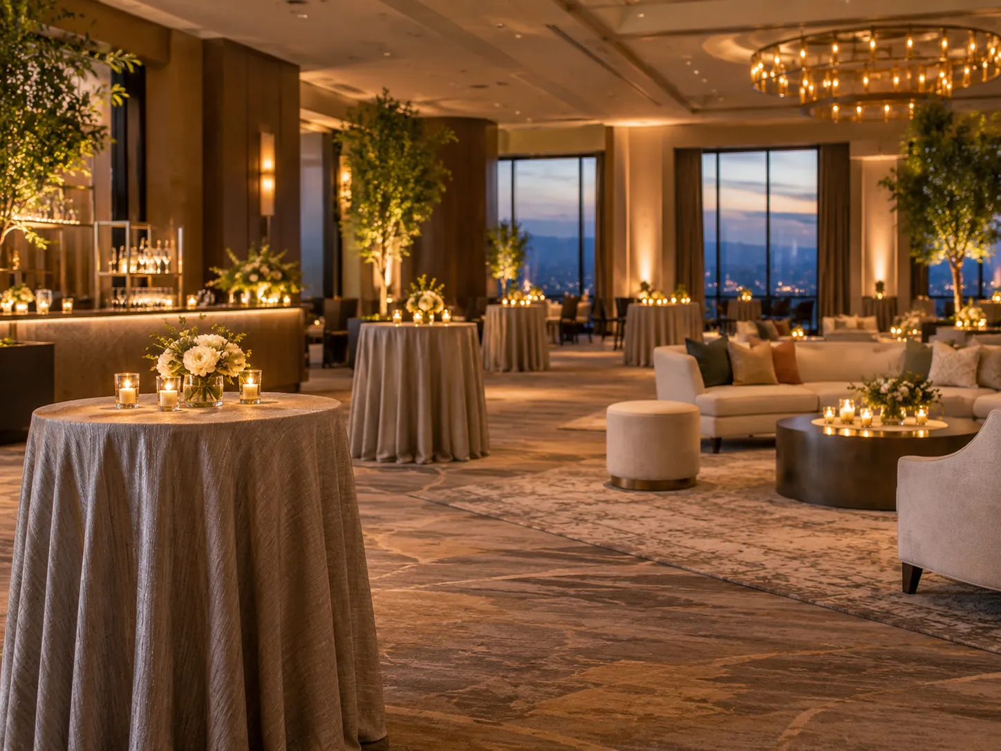 Flexible hotel event space with cocktail tables, lounge sofas and seating for social gatherings