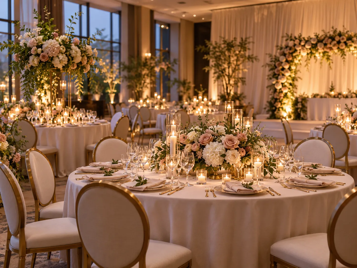 Wedding reception venue with round banquet tables, gold-frame upholstered chairs and floral decorations